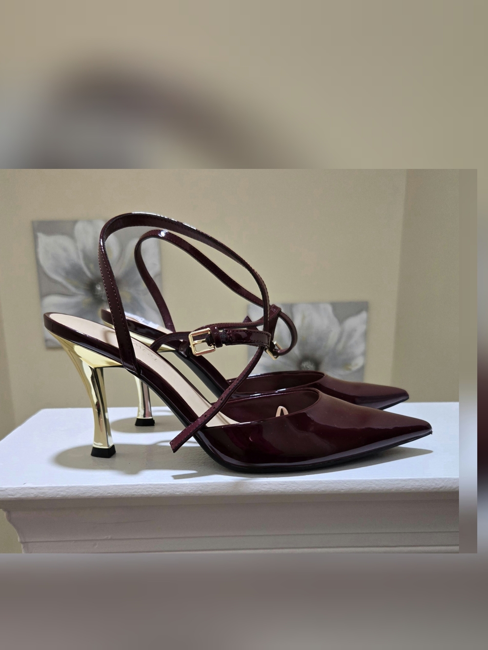 Nine West Burgundy Patent Leather Slingback Heels with Gold Heel